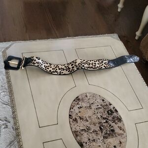 Tail Leopard Print Wide Waist Belt with Black Trim and Gold Buckle